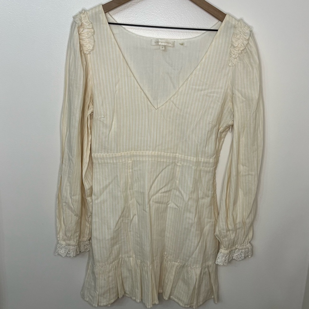 LoveShackFancy Inez Striped Mini Dress Size Medium Cream Long Sleeve Twee Preppy